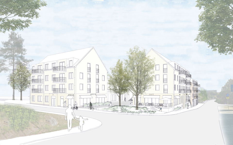 Illustration av den föreslagna bebyggelsen med flerbostadshus i 3,5 våningar med sadeltak.
